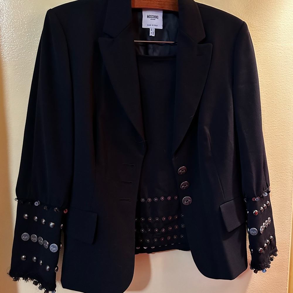 Iconic Vintage Moschino Black Embellished/Studded Women's Blazer and Skirt Set